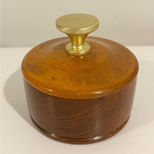 Vintage Oregon Myrtlewood trinket box wood dish with lid brown gold tone handle